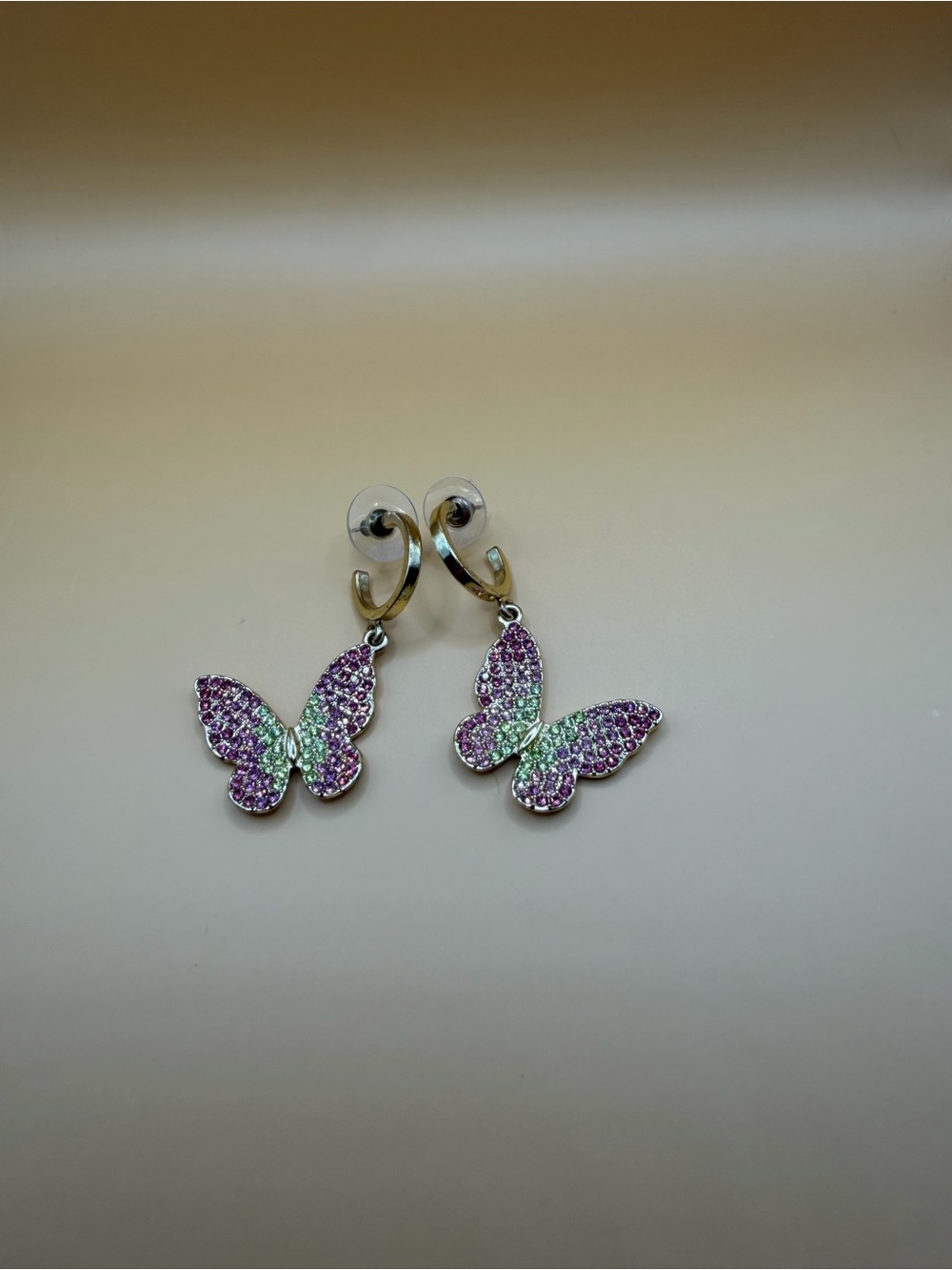 Butterfly Crystal Drop Earrings - Purple & Green